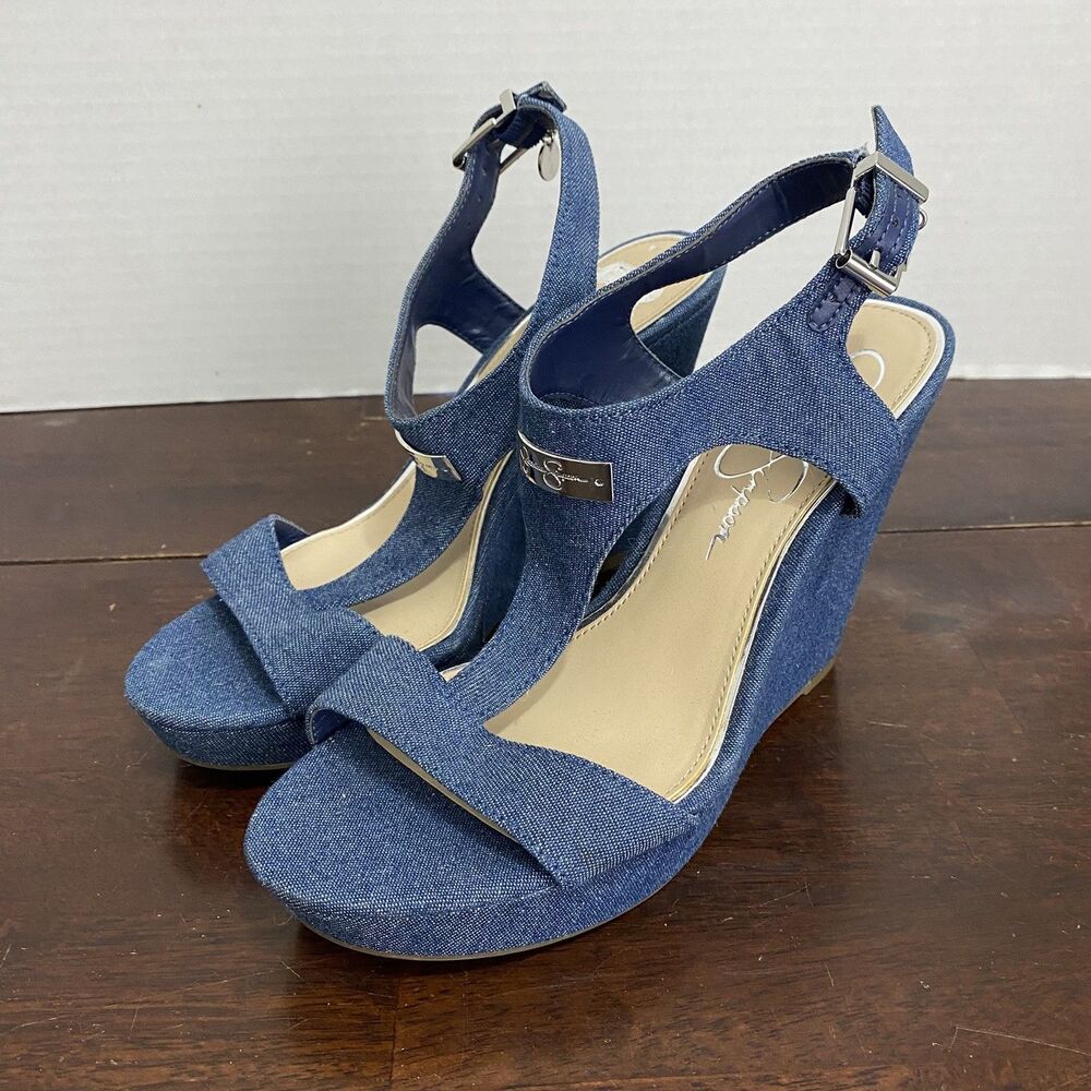 Jessica Simpson Jarvene Womens Denim Wedge Heel Sandals Sz 7.5 Blue Ankle Strap